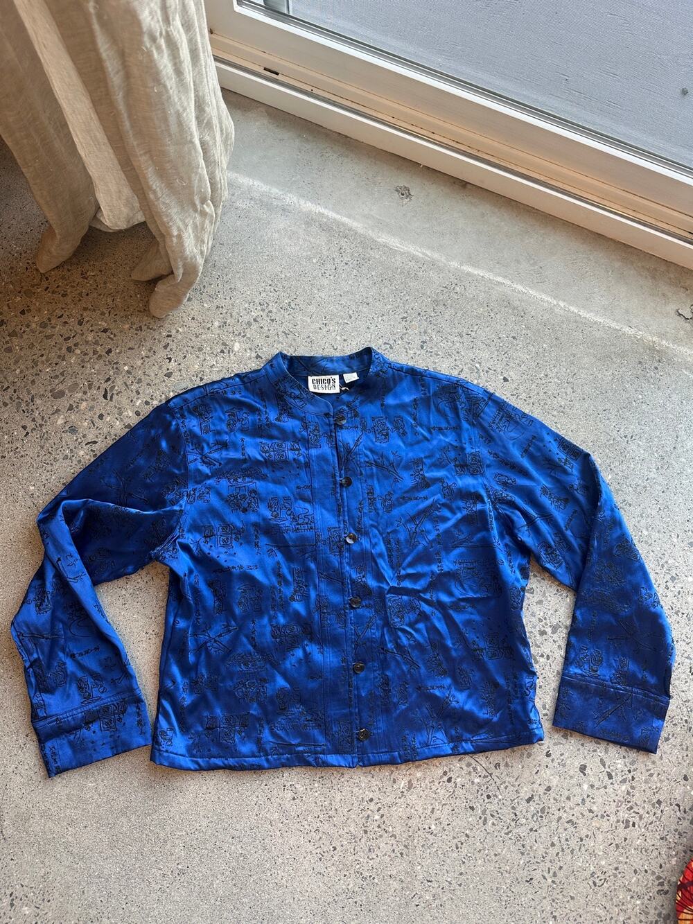 Chico’s Design 1 Silk Blouse Cobalt Blue Black Embroidered Mandarin Top